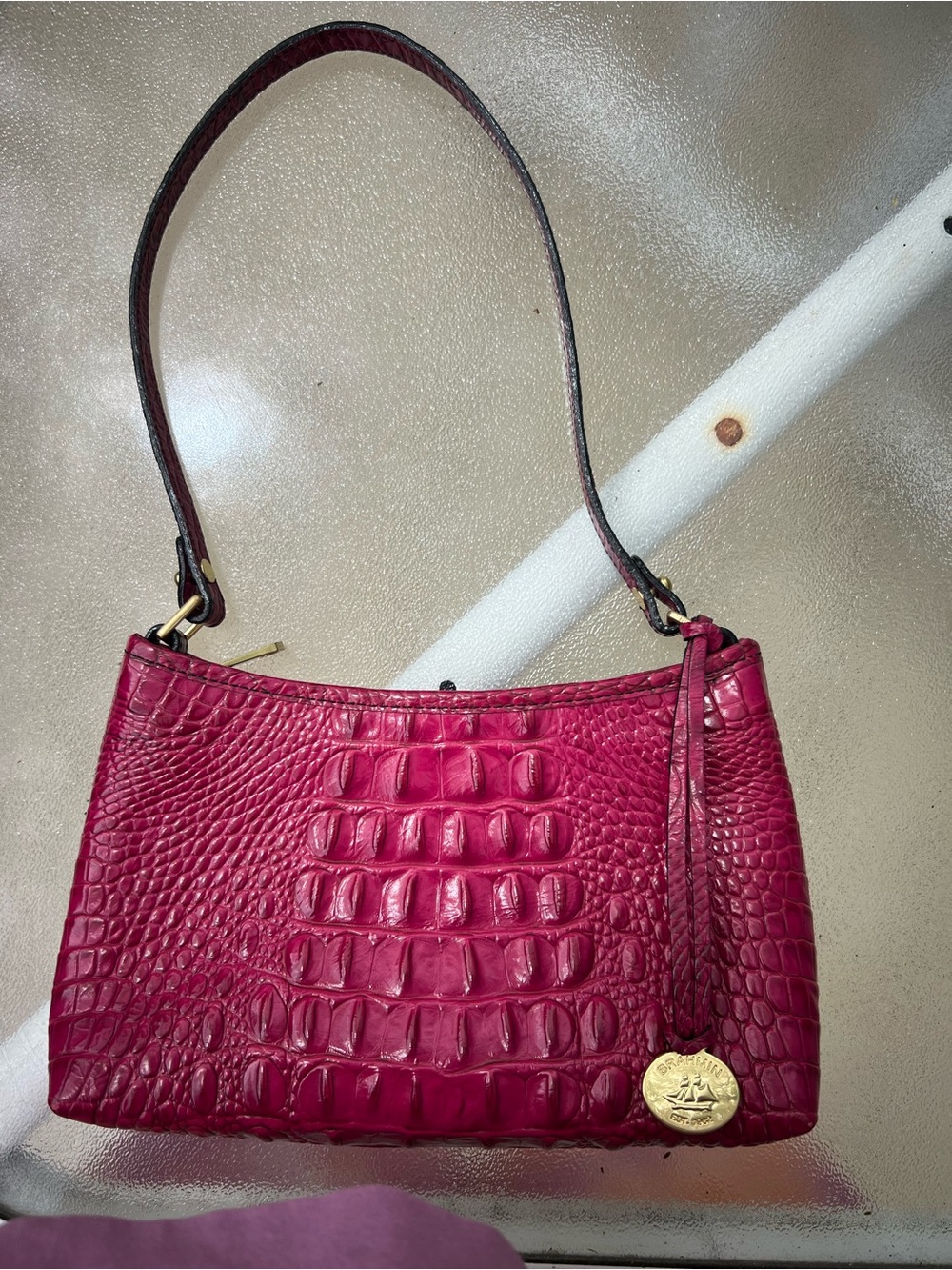 Brahmin Croc-Embossed Shoulder Bag in Fuchsia - Picture 3 of 9